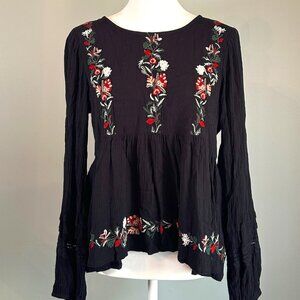 American Eagle Y2K Boho Embroidered Black Peplum Top XS